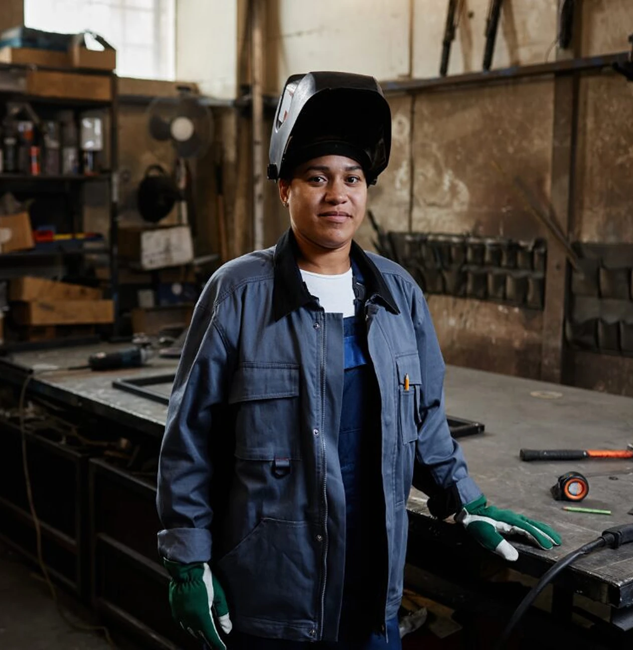 Welder in workshop wearing protective gear.